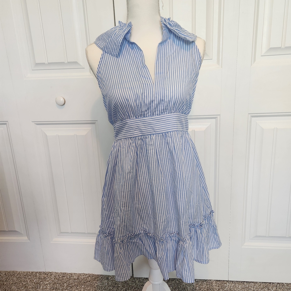 Pink Lily Blue and White Ruffled Tie Front Sundress